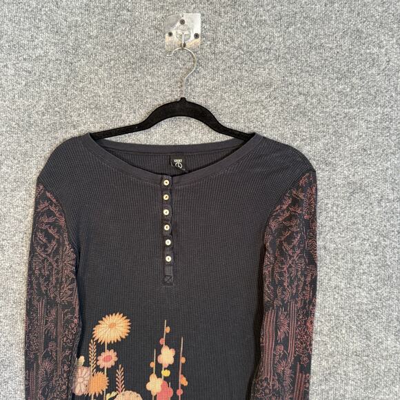 Lucky Brand Shirt Womens Large Vintage Henley Black Embroidered Knit Y2K Japan - Picture 3 of 8